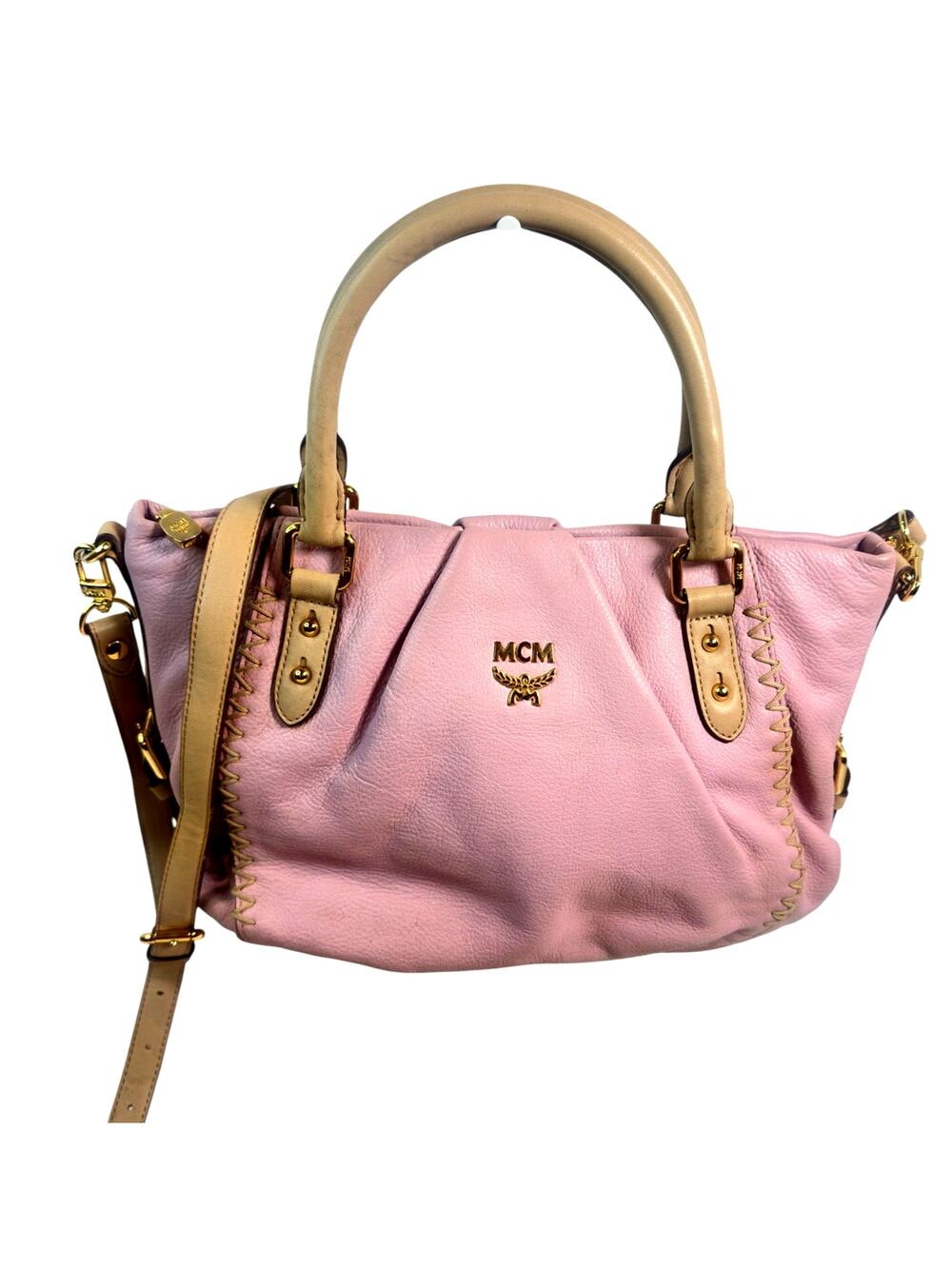 MCM Light Lilac Pebbled Leather Satchel Crossbody Bag/tan trim ~ Gold Hardware